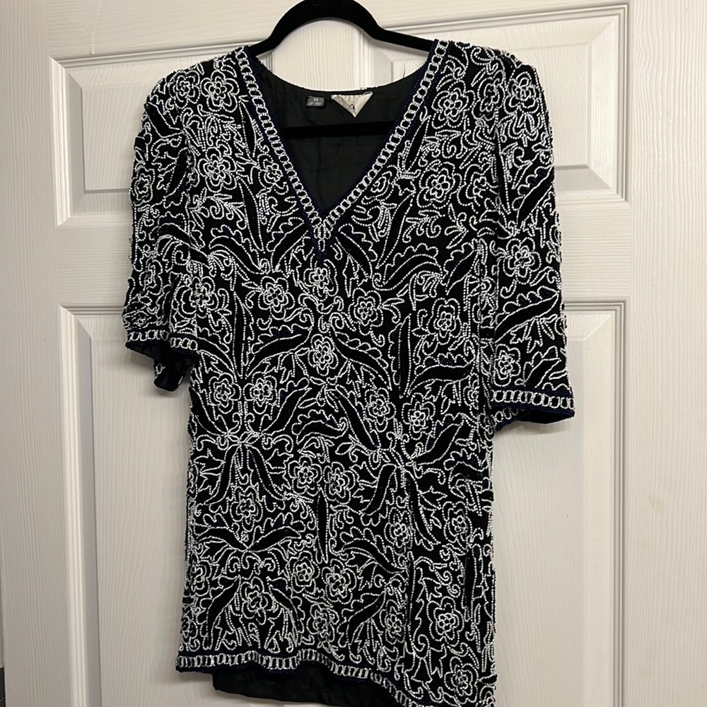 🦋Vintage Stunning black & Blue Sequin Silk Blouse or dress
